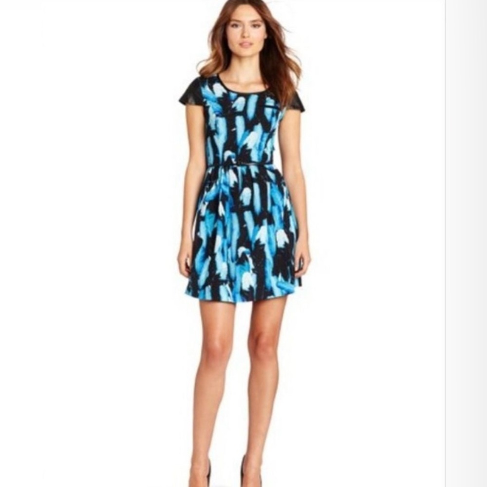 KENSIE Falling Leaves Dress Fall Blue Black Multi Feather Print Cap Sleeve 10